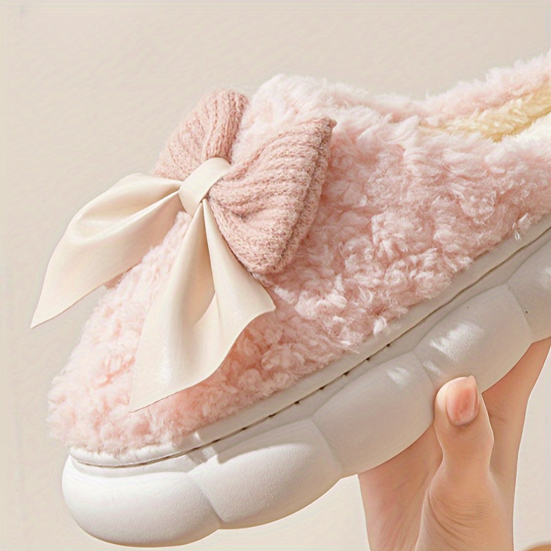 1 Pair Women's Winter Warm Plush Slippers, Casual Solid Color Bowknot Indoor House Shoes, Thick Sole Non-Slip Warm Footwear, Essential Autumn/Winter Home Slides with Superfine Fiber Insole and TPU Sole